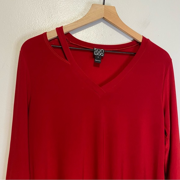 Clara Sun Woo S Tunic Cut Out Red Top Asymmetrical Shirt Blouse Stretch - Picture 2 of 7